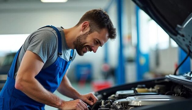 A smiling young male mechanic in blue overalls intently examines a car engine, performing a thorough vehicle inspection in a clean automotive workshop.