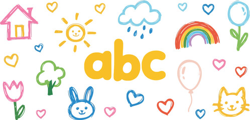 Fototapeta premium ABC Letters and Drawing Style Icons of Cloud, Rainbow, Hearts on White Background