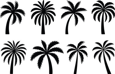 Fototapeta premium Eight tropical palm trees are depicted as black silhouettes, a symbol of summer vacations, relaxation, and exotic destinations