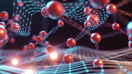 Molecules interacting with DNA strands on a grid display in a digital environment, molecules over dna strand spinning on grid - Powered by Adobe