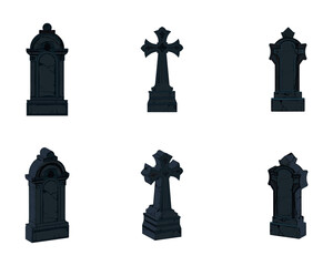 Collection of detailed gothic tombstones and crosses in dark cartoon style, ideal for Halloween, spooky games, or graveyard scenes.