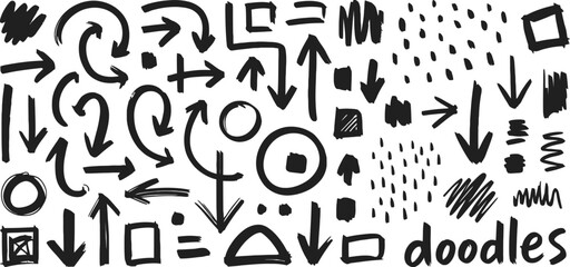 Black Doodles Arrows, Lines, Circles, Squares on White Seamless Sketch Background