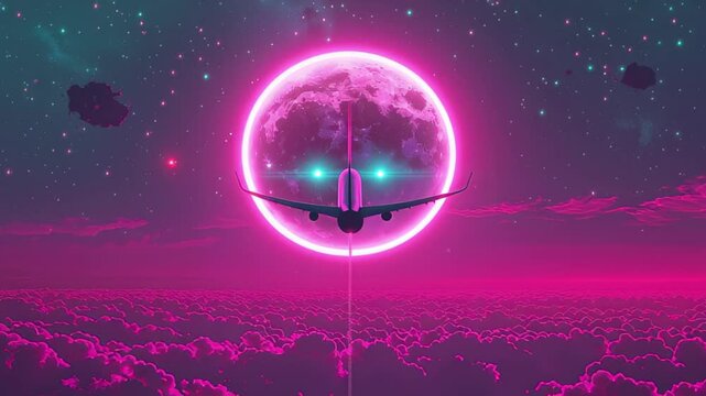 Neon sky view of an aircraft flying towards a glowing moon in a vibrant cosmic landscape, Neon Fly to The MoonBackground