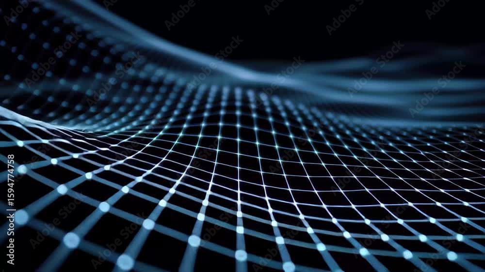 Poster light trails create dynamic patterns on a grid against a dark background, light trails moving on gri