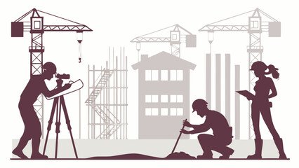 Fototapeta premium Construction and engineering professionals silhouettes on a building site. Surveyor, worker, architect planning urban development with cranes. Vector illustration.