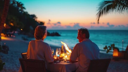 Retired couple enjoys a romantic dinner by the beach at sunset in a tropical setting, Retired Caucasian senior couple enjoying evening dinner at luxury beach hotel - Powered by Adobe
