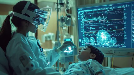 Doctor using advanced technology to interact with child patient in hospital setting, AI analysis over doctor and child patient in hospital room - Powered by Adobe