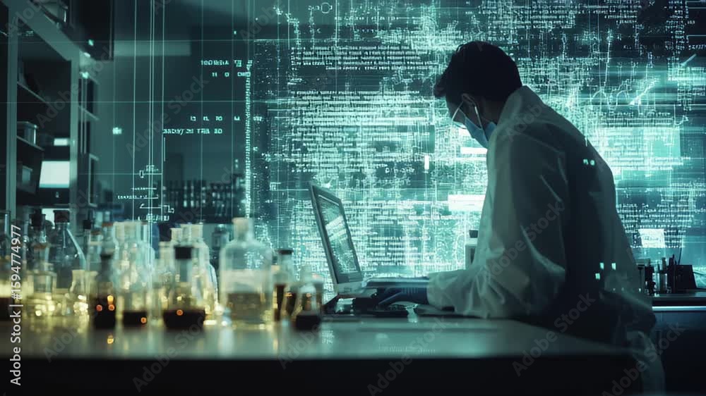 Poster scientist analyzing chemical data and formulas in a modern laboratory environment, chemical formula 