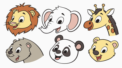 Obraz premium Six cute cartoon animal faces collection. Happy lion, elephant, giraffe, panda, bear, and beaver heads. Friendly vector illustration for children's designs, isolated on white.