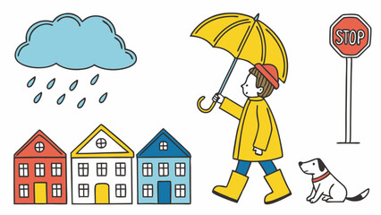 Cute cartoon illustration of a joyful boy in yellow raincoat and boots with an umbrella, walking on a rainy day near houses, a dog, and a stop sign.
