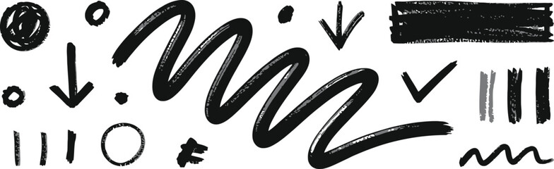 Obraz premium Brushstroke Elements Hand Drawn Lines, Circles, Swirls and Arrows on White