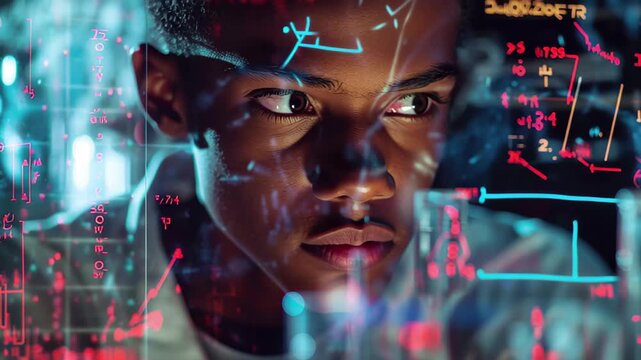 Biracial schoolboy focuses on mathematical equations while engaging in a science activity, mathematical equations over biracial schoolboy doing experiment in lab - Powered by Adobe