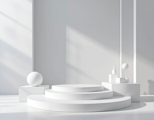 Minimalist White Product Display Podium with Geometric Shapes and Sunlight Shadows