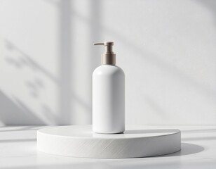 Blank White Pump Bottle Mockup on Pedestal with Natural Light Shadows. Minimalist Cosmetic Product Display.
