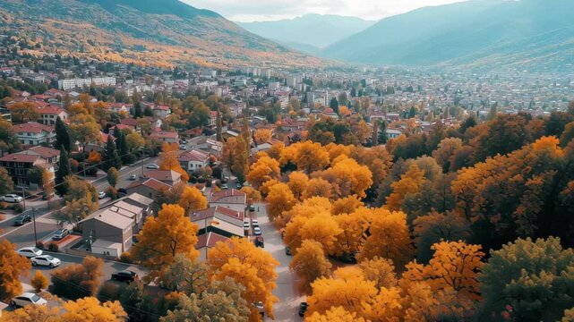 Vibrant autumn colors transform the city of Strumica in North Macedonia from the sky, Aerial view of the city Strumica in North Macedonia on a sunny day in autumn