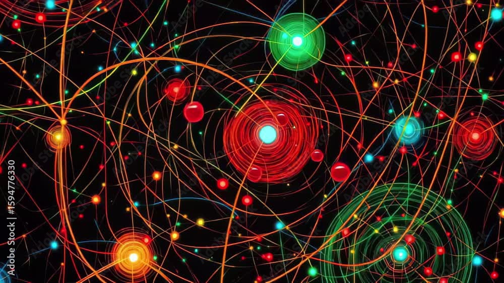 Poster colorful spirals and connections creating a dynamic pattern on a dark background, spirals and networ