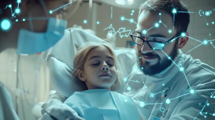 Connection of care and technology during a dental checkup for a young caucasian girl with professionals, network of connections with icons over caucasian male doctor - Powered by Adobe