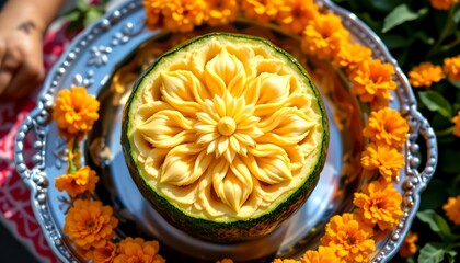 exquisite fruit carving on a cantaloupe, top view, thai floral pattern with symmetrical curves, displayed on a ceremonial silver tray, surrounded by fresh marigolds, bright daylight, cultural display