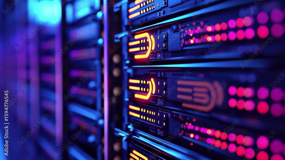 Poster digital data processing systems in action with illuminated server hardware at a tech facility, 6g te