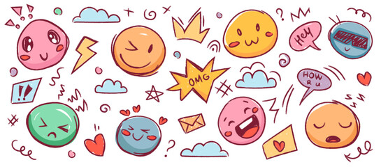 Colorful hand drawn doodle emoji set. Crayon scribbles with smiley face, heart, crown, underline, punctuation, speech bubble. Fun kid style charcoal marker texture, phrases. Vector illustration