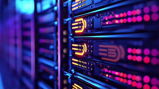 Digital data processing systems in action with illuminated server hardware at a tech facility, 6g text and digital data processing over computer servers - Powered by Adobe
