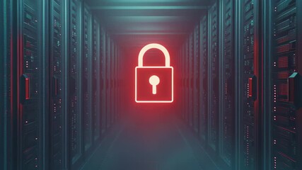 Digital padlock icon symbolizes data security in data center environment with glowing effects, padlock icon and digital data processing over computer servers - Powered by Adobe