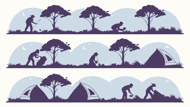 Camping adventure silhouettes at night. People setting up tents, gathering wood under moonlit trees. Outdoor recreation vector illustration.