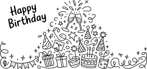 Fototapeta premium Festive Celebration Line Art with Party Elements and Happy Birthday Text