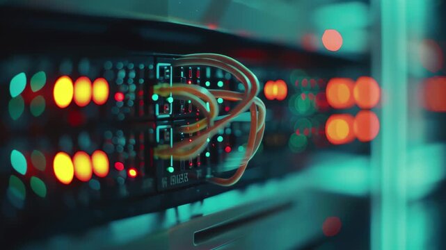 Exploring an abstract network of illuminated server connections in a data center environment, Rack focus through a series of abstract network connections - Powered by Adobe