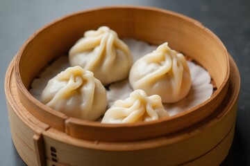 Pork gyoza dumplings in a bamboo steamer