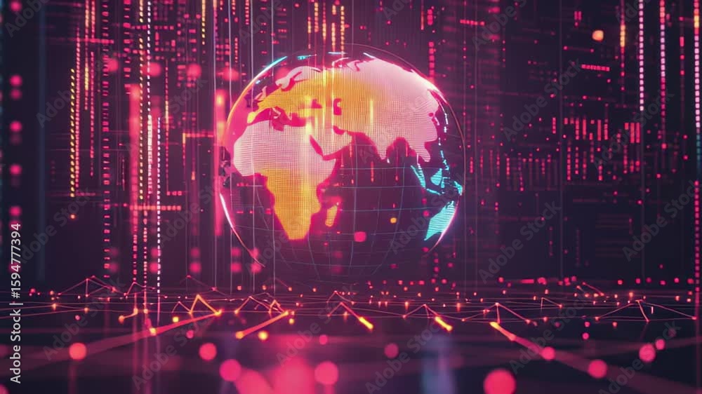 Poster digital globe surrounded by glowing data streams and interactive graphics in a futuristic environmen