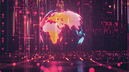 Digital globe surrounded by glowing data streams and interactive graphics in a futuristic environment, globe and digital data processing over glowing spots on dark background - Powered by Adobe