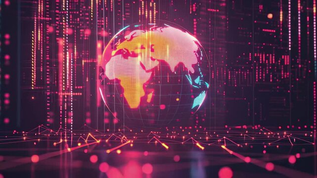 Digital globe surrounded by glowing data streams and interactive graphics in a futuristic environment, globe and digital data processing over glowing spots on dark background - Powered by Adobe