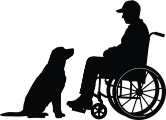 Silhouette of disabled man in wheelchair with service dog—loyal companion, disability support, therapy animal, mobility assistance concept.