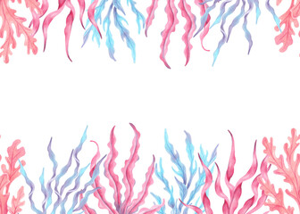 Horizontal frame with colorful seaweed. Watercolor botanical illustration. Hand drawn isolated art. Natural form of marine flora. Travel banner, kids design, underwater theme. Space for text