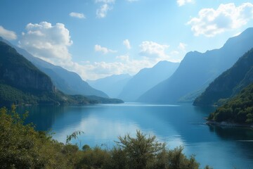 Fototapeta premium Scenic view of lake and mountains against sky
