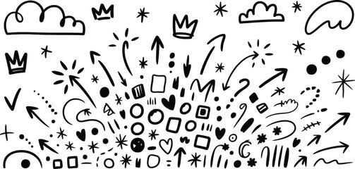 Hand Drawn Arrows, Clouds, Stars, Crowns and Shapes Isolated on Transparent Background