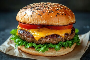 Juicy Cheeseburger with Fresh Lettuce and Tomato on Sesame Bun
