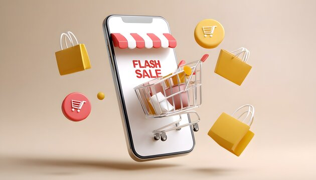 3D smartphone with shopping bag and sale element