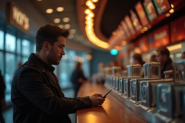 Man scanning smartphone at theater concession stand