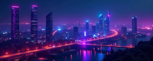 A neon-lit cityscape of futuristic buildings at night with holographic projections, holographic, night, cyberpunk