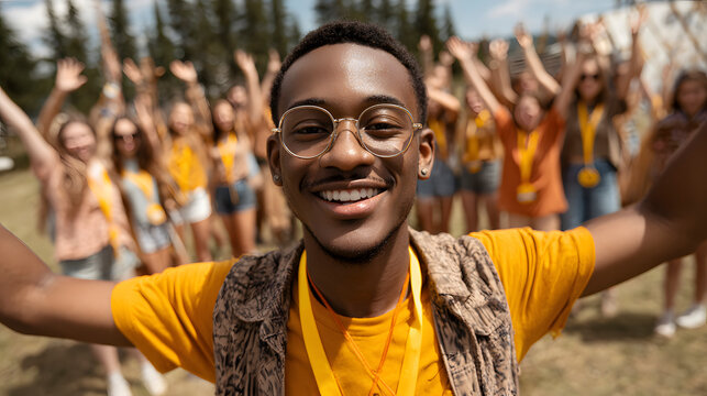 Young smiling african american volunteer with glasses wearing yellow t-shirt taking selfie with cheering team in a summer camp - Powered by Adobe