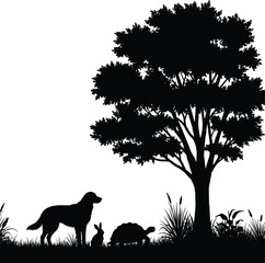 Nature silhouette scene with tree, dog, rabbit, and turtle in grass, peaceful wildlife illustration for forest, pet, and animal design.