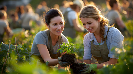Two joyful women collaborating in a community garden, planting seedlings in rich soil under the warm glow of sunset, embracing teamwork and sustainability