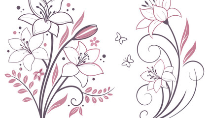Abstract floral vector pattern featuring pink flowers, leaves, and butterflies, perfect for a vintage spring wedding invitation card or nature-inspired wallpaper design