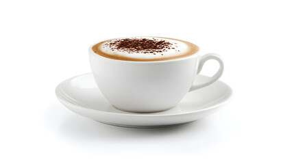 Obraz premium Classic Cappuccino Presented in White Porcelain Cup with Saucer and Rich Chocolate Topping