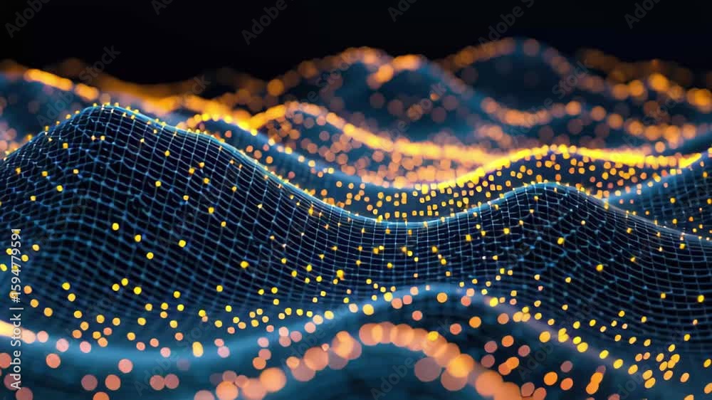 Poster light shapes create dynamic patterns over data waves in a vibrant digital landscape, light shapes mo