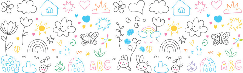 Hand Drawn Style Cute Doodle Border with Flower, Butterfly, Rainbow and House