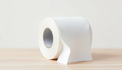 A pristine roll of soft white toilet paper sits on a light wood surface against a white backdrop, pure,  absorbent