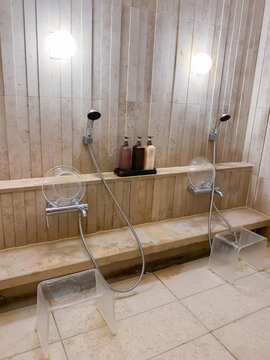 Two shower sets in a modern bathroom